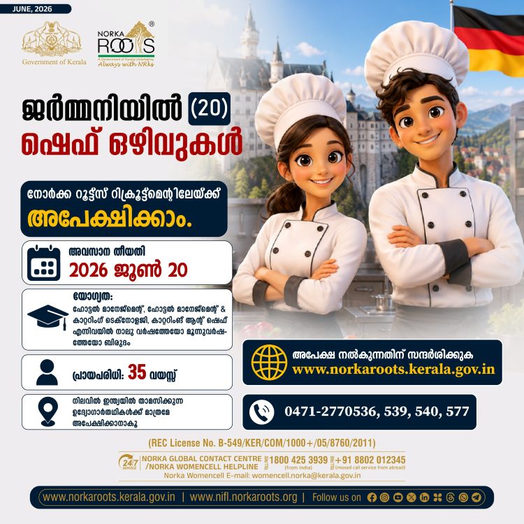 ജര്‍മ്മനിയില്‍ 20 ഷെഫ് ഒഴിവുകള്‍: നോര്‍ക്ക റൂട്ട്‌സ് റിക്രൂട്ട്മെന്റ്; ജൂണ്‍ 20 വരെ അപേക്ഷിക്കാം