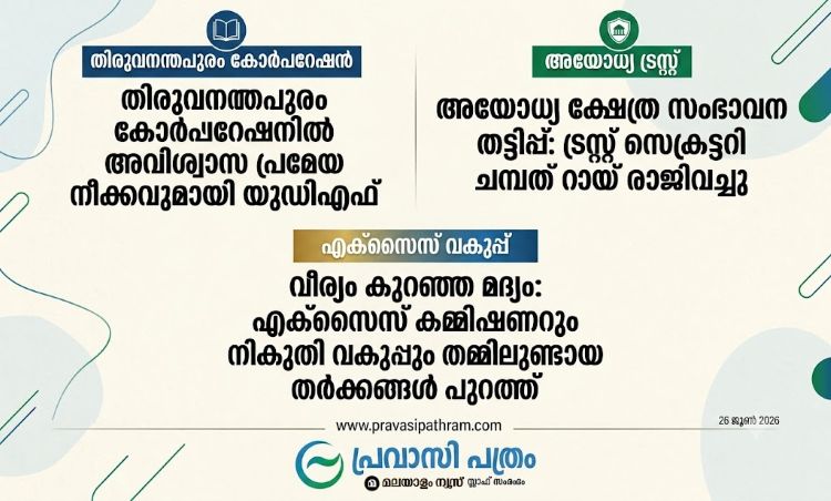 തിരുവനന്തപുരം കോര്‍പറേഷനില്‍ അവിശ്വാസ നീക്കവുമായി യുഡിഎഫ്, അയോധ്യ ക്ഷേത്ര സംഭാവന തട്ടിപ്പ്: ട്രസ്റ്റ് സെക്രട്ടറി ചമ്പത് റായ് രാജിവച്ചു വീര്യം കുറഞ്ഞ മദ്യം: എക്സൈസ് കമ്മിഷണറും നികുതി വകുപ്പും തമ്മിലുണ്ടായ തര്‍ക്കങ്ങള്‍ പുറത്ത്